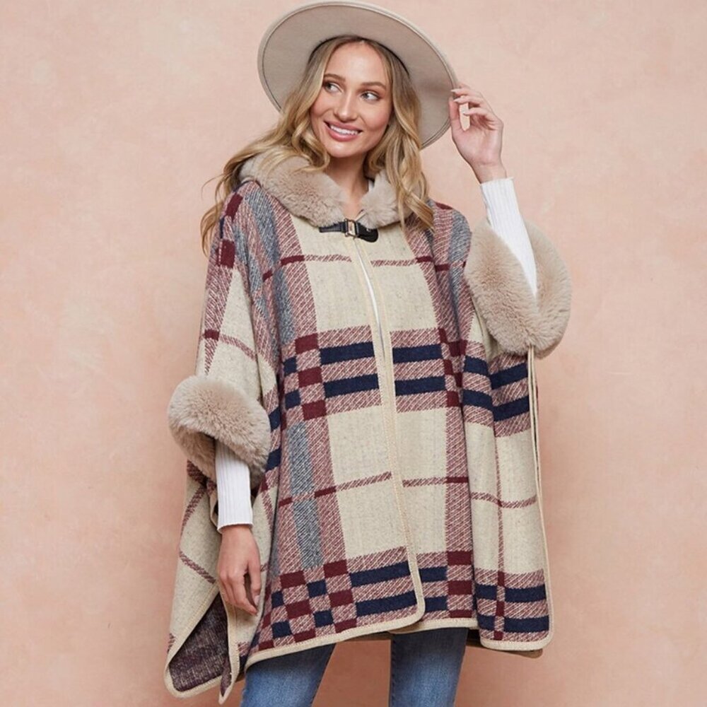 On Blue Women's Poncho Faux Fur Hooded Wrap Cape Size L/XL Plaid Arm Holes Boho